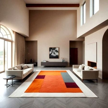 Handcrafted Orange Block Pattern Living Room Rug